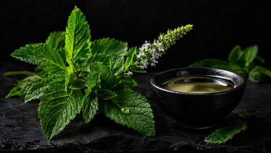 Fresh spearmint leaves and pale oil in a black dish against a dark background.