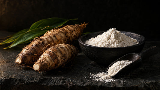 Arrowroot rhizomes and fine arrowroot starch in a black bowl.