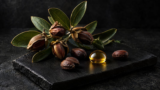 Jojoba seeds and a golden oil bead on a matte black ceramic tile.