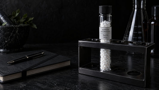 A sealed specimen tube of soapmaking sodium hydroxide pearls in a dark metal laboratory rack.