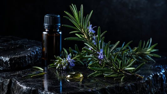 Rosemary sprigs and an oil bead on polished black stone.