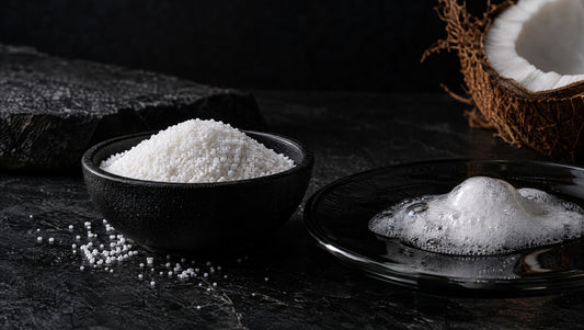 White cosmetic surfactant granules and foam in a dark laboratory-inspired still life.