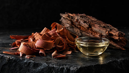 Cedarwood shavings, bark and pale oil on dark stone.