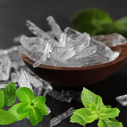 Menthol crystals with mint leaves