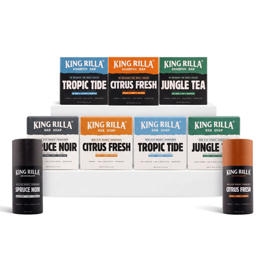 Alpha King bundle: four soap boxes, three shampoo bar boxes and two deodorants in current packaging. Scents are customizable.