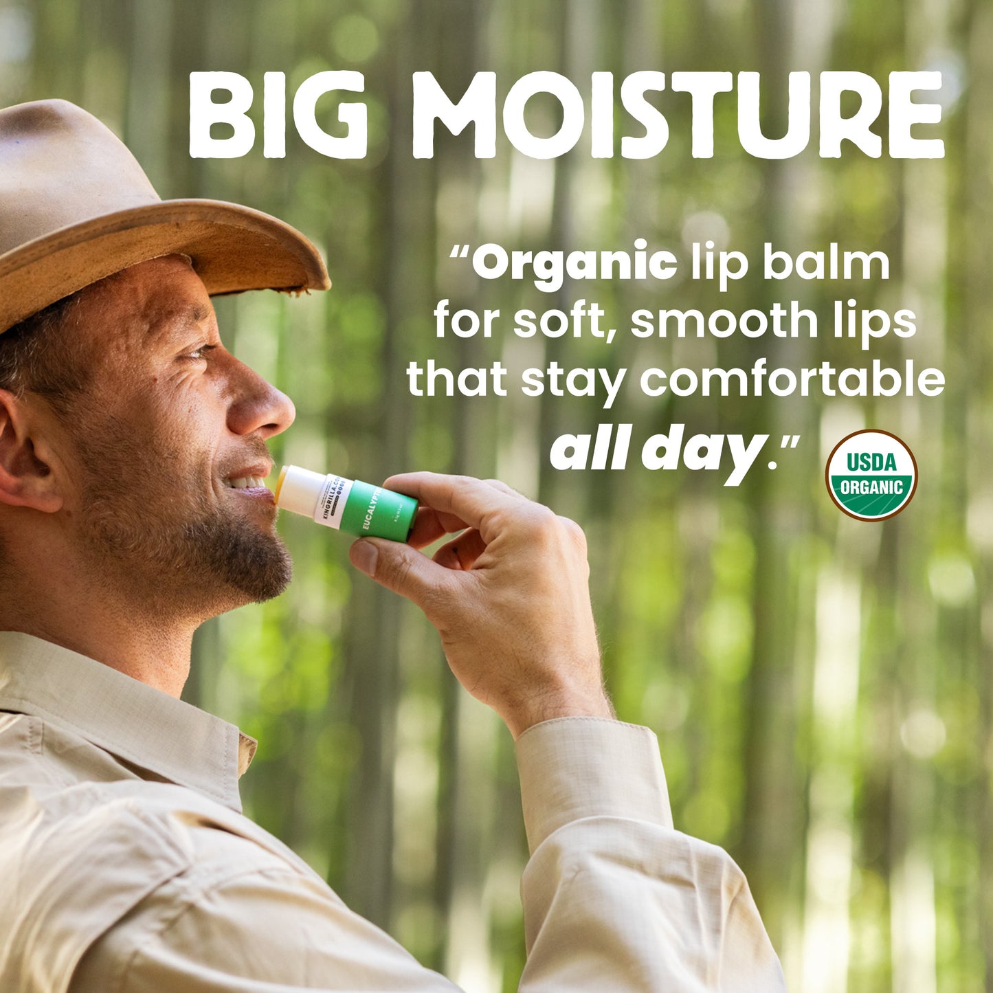 Man applying lip balm with text about organic lip balm in a forest setting