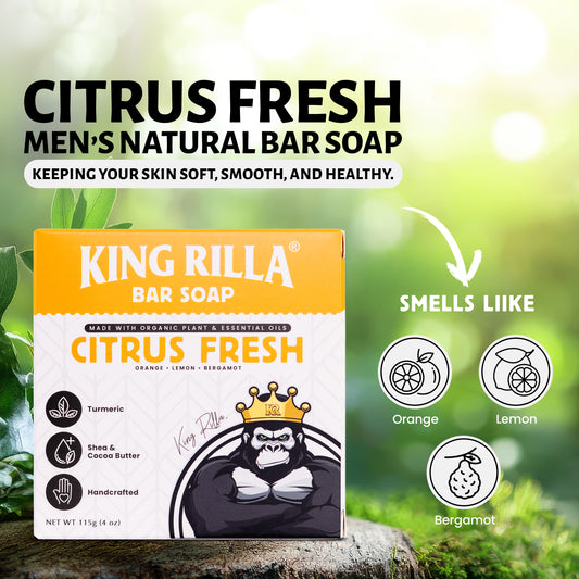 King Rilla Citrus Fresh men's natural bar soap packaging with greenery in the background