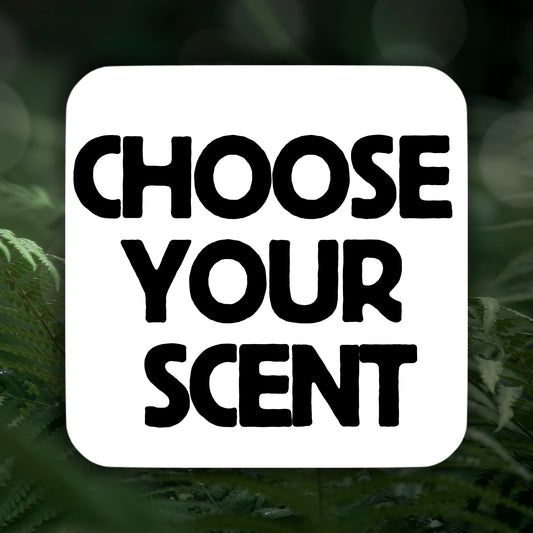 Text 'CHOOSE YOUR SCENT' on a white square with a green leafy background