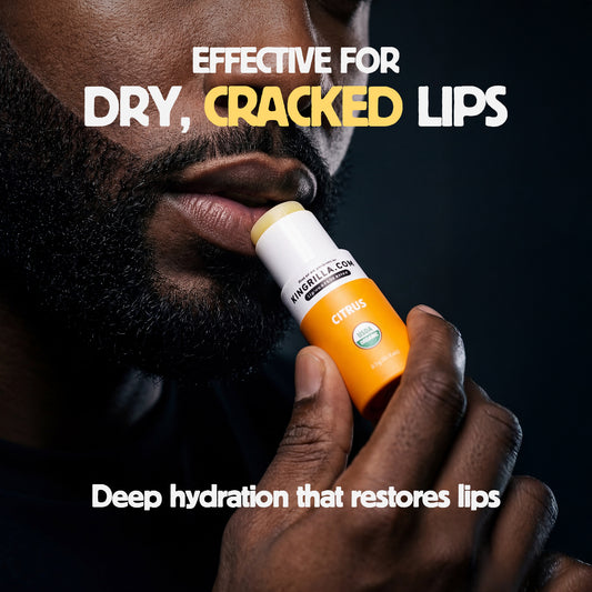 Person using a lip balm with text about its effectiveness for dry, cracked lips.