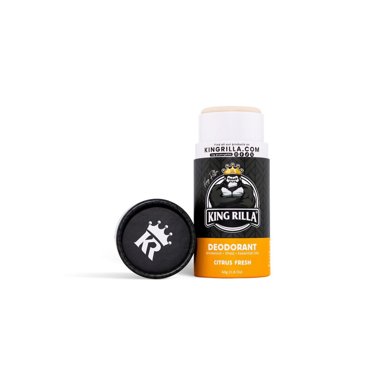 Deodorant stick with cap on a white background, featuring the brand 'King Rilla'.