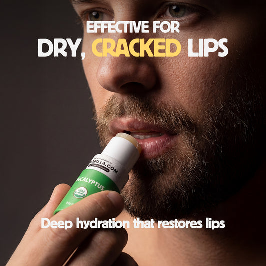 Man applying lip balm with text about its effectiveness for dry, cracked lips.