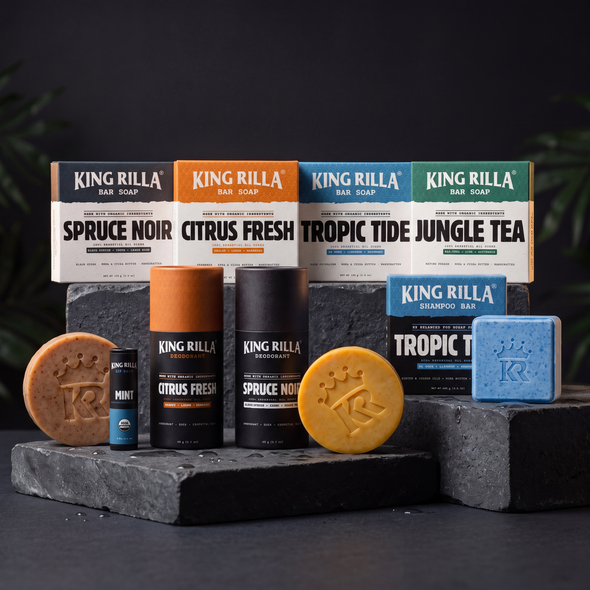 King Rilla soap and shower accessories on dark stone
