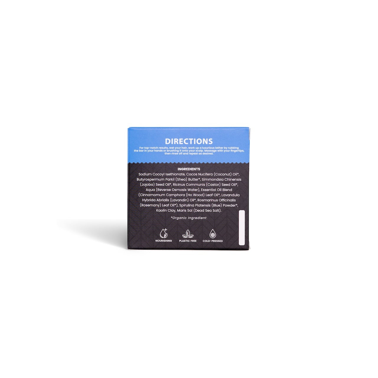 Back of a product packaging with blue and black design on a white background