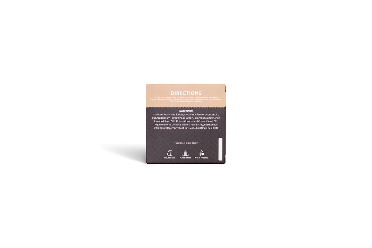 Product packaging with a black label on a white background