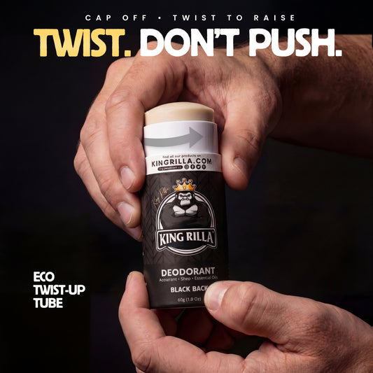 Hand holding a King Rilla deodorant stick with text 'Twist. Don't Push.' on a black background.