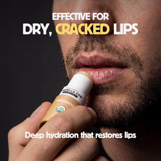 Lip balm being applied to lips with text about effectiveness for dry, cracked lips.
