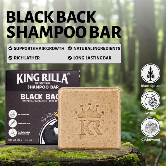King Rilla Black Back Shampoo Bar with packaging on a natural background