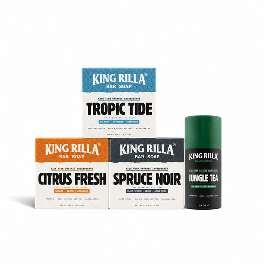 Starter Bundle: 3 bar soaps—Tropic Tide, Citrus Fresh and Spruce Noir—and 1 Jungle Tea deodorant. Choose your scents.