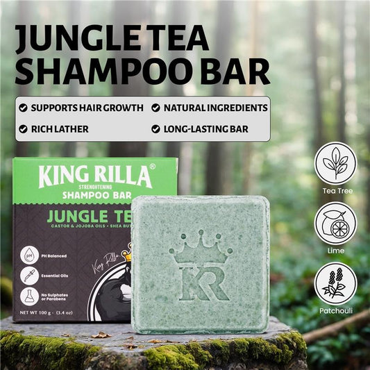 King Rilla Jungle Tea Shampoo Bar with packaging against a forest background