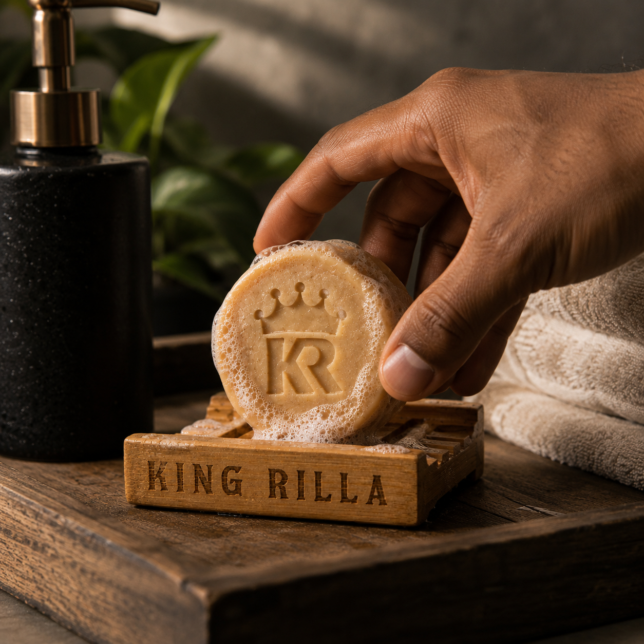 Hand holding a bar of soap on a wooden holder with 'King Rilla' branding, next to a black soap dispenser and white towel.