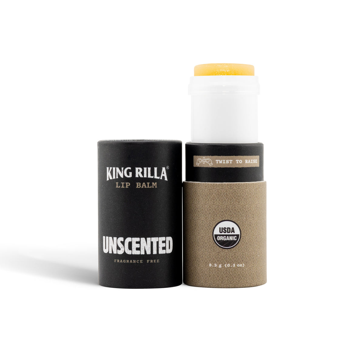 Unscented lip balm open tube and printed cap on white