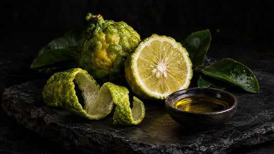 Bergamot fruit, peel and oil on a dark charcoal surface.
