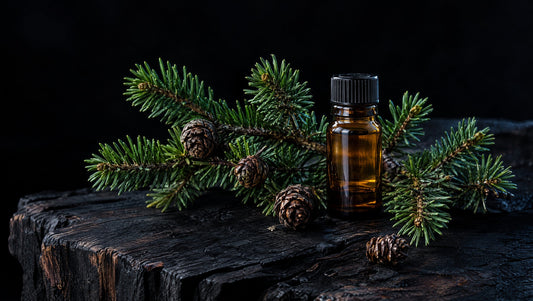Black spruce sprigs, cones and an amber ingredient vial on dark wood.