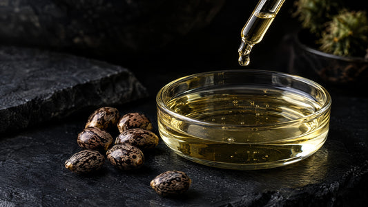 Castor oil and mottled castor seeds in a dark cosmetic-ingredient still life.