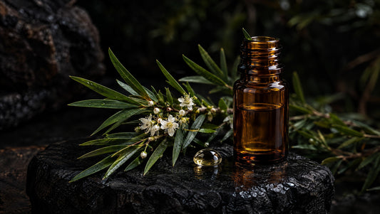 Tea tree foliage, an amber vial and an oil bead on black basalt.
