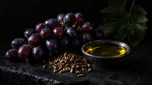 Grapes, grape seeds and green-gold oil on black stone.
