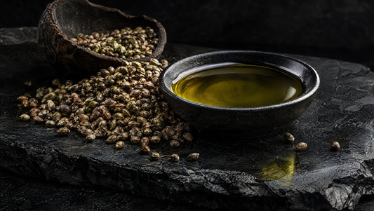 Hemp seeds and green-gold hemp seed oil on dark textured stone.