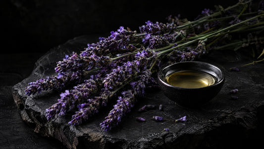 Purple lavandin flowers and pale oil on charcoal stone.