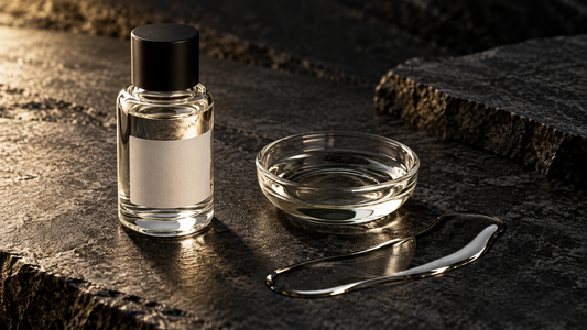 Illustration of MCT oil in a clear bottle with a glass dish and smooth oil ribbon on dark stone.
