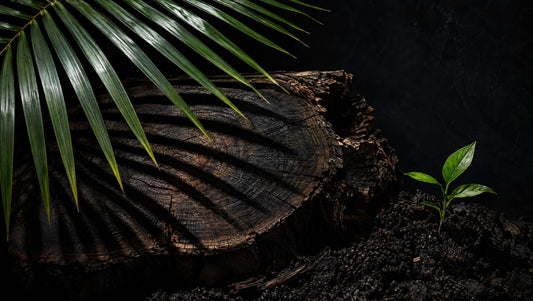 Palm-frond shadows, dark timber and a small seedling symbolize land-use choices.