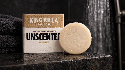 King Rilla Unscented soap kept on a dark ledge away from the shower spray.