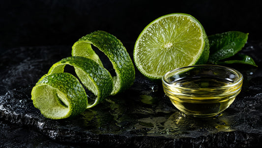 Fresh lime peel, a lime half and oil on wet black slate.