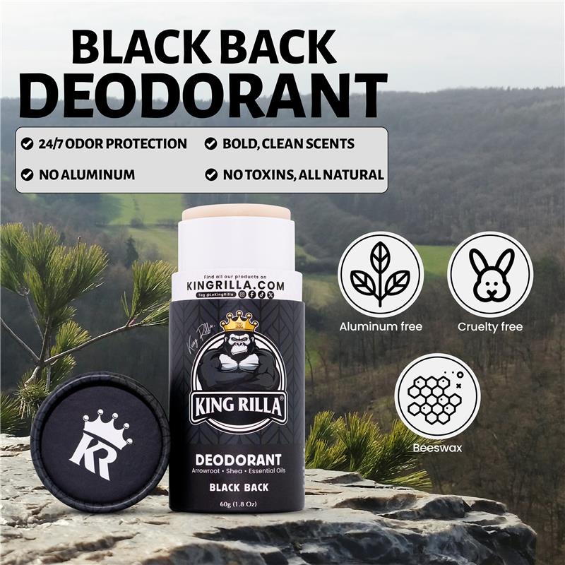 King Rilla Black Back deodorant with natural and eco-friendly features against a scenic background.