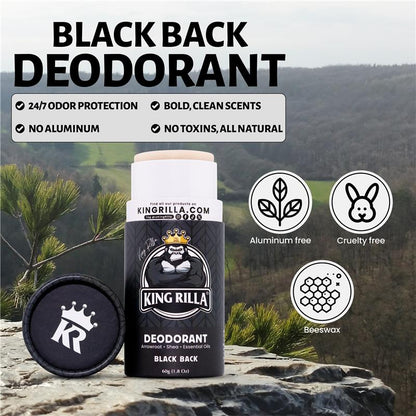 King Rilla Black Back deodorant with natural and eco-friendly features against a scenic background.