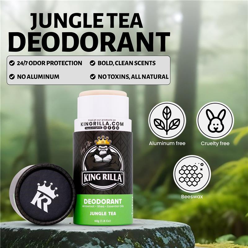 King Rilla Jungle Tea Deodorant with product and brand details on a natural background