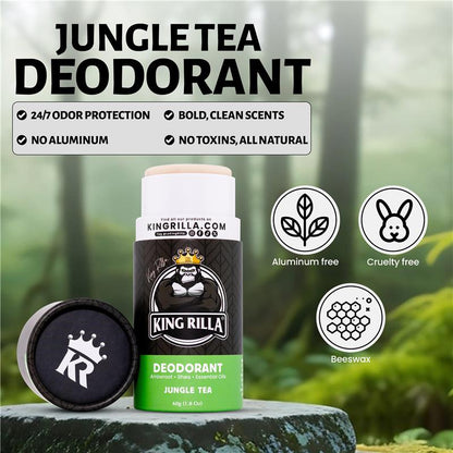 King Rilla Jungle Tea Deodorant with product and brand details on a natural background