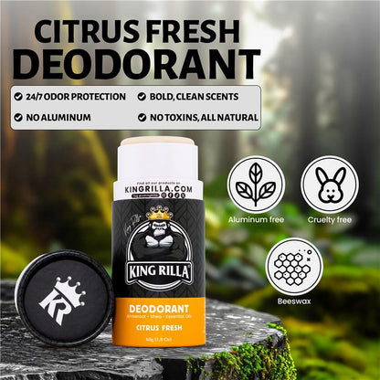 King Rilla citrus fresh deodorant with branding and product details on a natural background