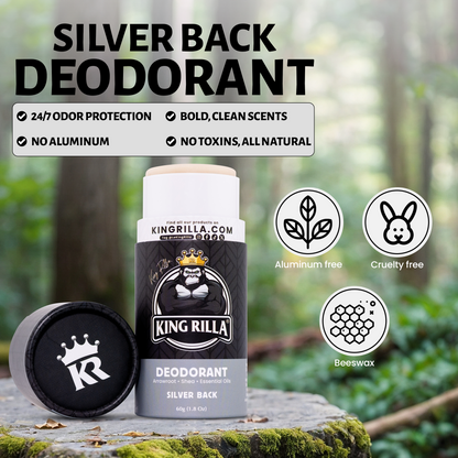 King Rilla Silver Back deodorant with natural and eco-friendly features on a forest background