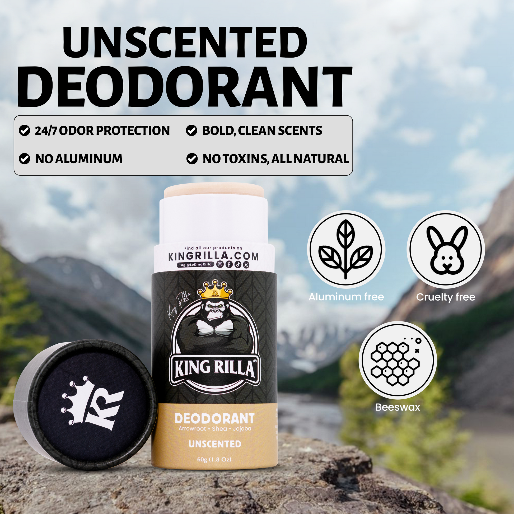 King Rilla unscented deodorant with natural and cruelty-free icons on a mountain background