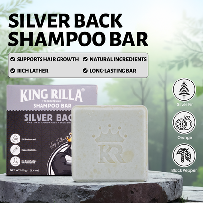King Rilla Silver Back Shampoo Bar with packaging and product details on a natural background