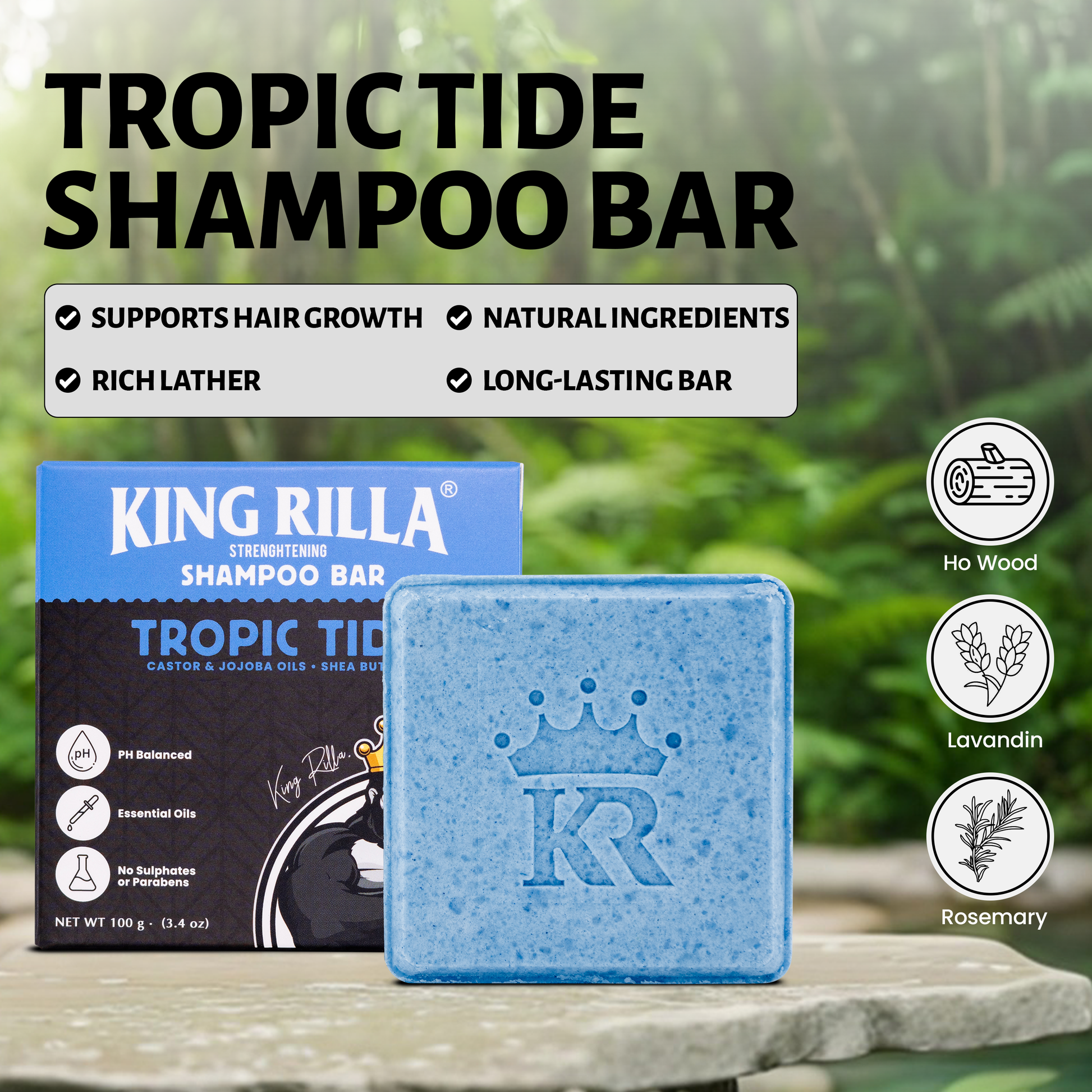 Tropic Tide Shampoo Bar with King Rilla packaging against a natural background