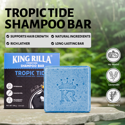 Tropic Tide Shampoo Bar with King Rilla packaging against a natural background