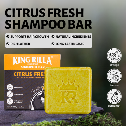 King Rilla Citrus Fresh Shampoo Bar with packaging on a natural background