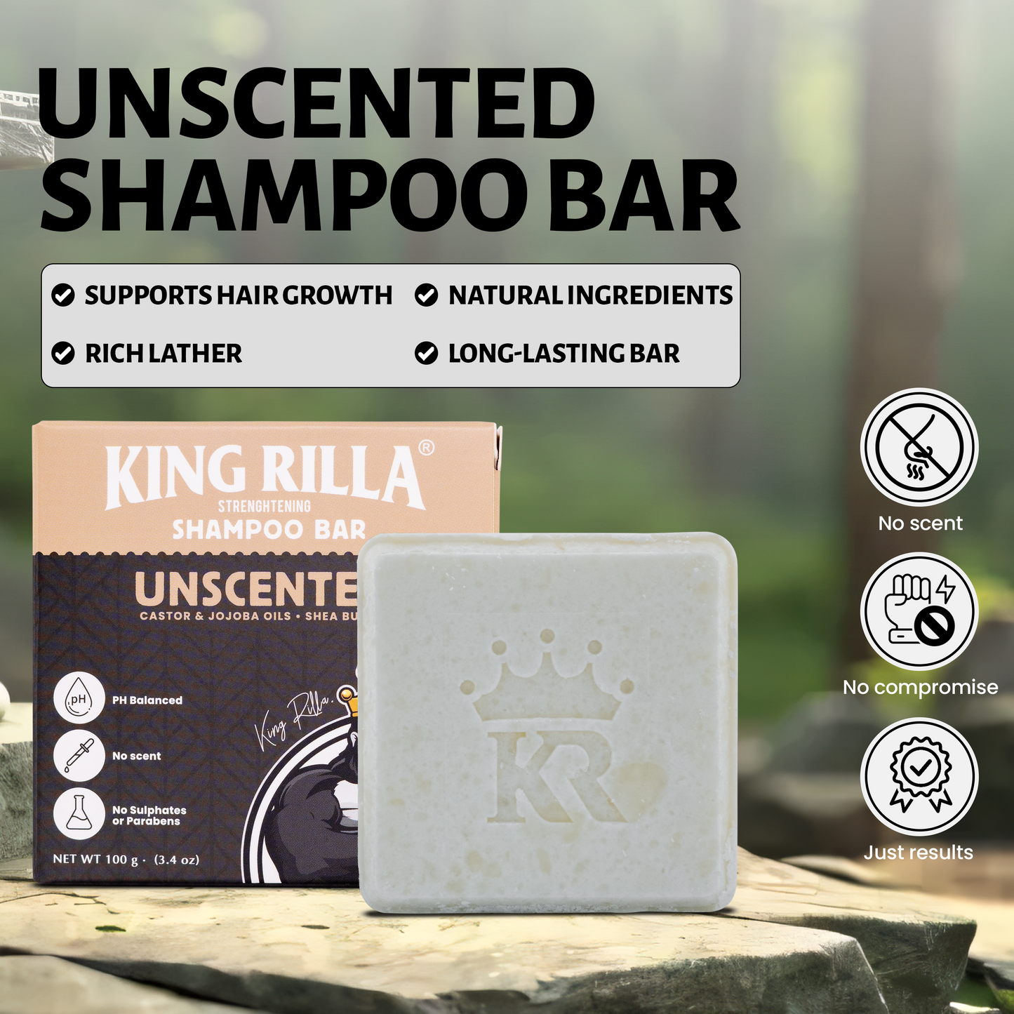 Unscented shampoo bar with packaging on a natural background