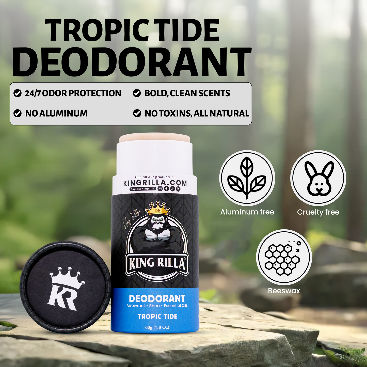 King Rilla Tropic Tide deodorant with product details and branding on a natural background