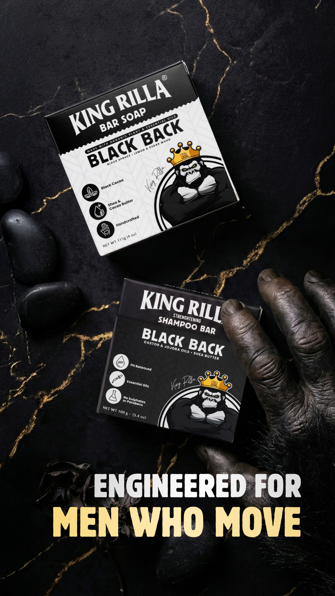 King Rilla Black Back shampoo bar packaging on a dark background with text 'Engineered for men who move'.
